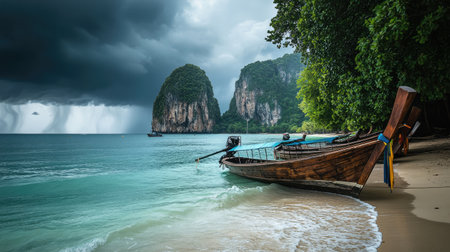 A stunning beach scene featuring a traditional wooden boat positioned on soft sand, with looming storm clouds and lush green cliffs in the background.の素材