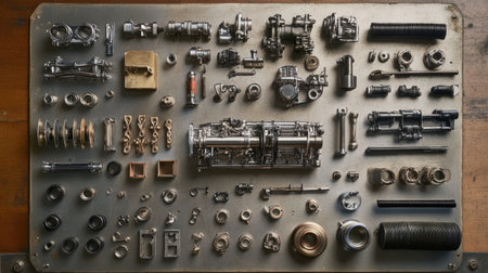 A well-organized display of various mechanical parts, showcasing intricate designs and details ideal for industrial projects, engineering references, and creative design uses.の素材