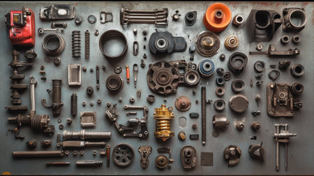 A comprehensive overhead view of various industrial mechanical parts neatly arranged on a metal surface, showcasing details ideal for engineering and technical applications.の素材