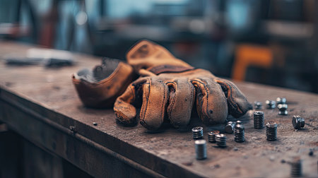 A pair of worn leather gloves rests on a wooden table surrounded by scattered metal screws and tools, capturing the essence of manual labor and craftsmanship in a workshop setting.の素材