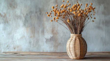 A beautiful woven basket vase holds dried yellow flowers, creating a serene and rustic charm, perfect for enhancing any stylish interior space.の素材