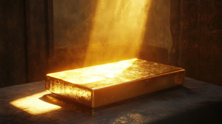 A stunning gold bar rests on a dark table, illuminated by beams of sunlight that create a captivating and luxurious atmosphere. Perfect for themes of wealth and success.の素材
