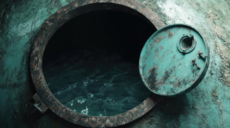 A dramatic view of a rusty round hatch, partially open, revealing water below. The textured surface and deep shadows create an immersive, mysterious ambiance.の素材