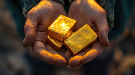 Close-up view of hands holding three shiny gold bars, showcasing wealth and luxury in a beautiful outdoor setting with a warm glow.の素材