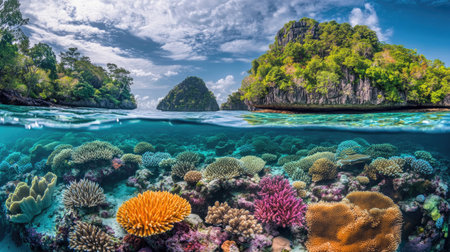 Explore an enchanting underwater world filled with vibrant corals and diverse marine life, framed by stunning tropical islands under a bright sky.の素材