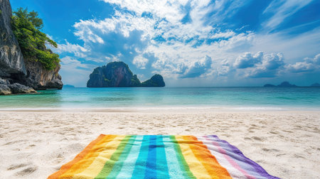 A vibrant rainbow towel lies on the warm sandy beach, framed by the tranquil ocean and dramatic clouds, creating a perfect paradise for relaxation.の素材