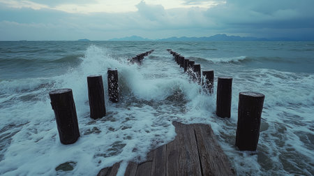 This captivating image captures the dynamic clash of ocean waves against timeworn wooden pilings, set against a moody coastal backdrop.の素材