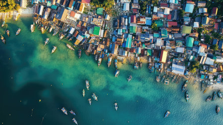 Capture the essence of a vibrant fishing village in this stunning aerial view, showcasing colorful boats resting on crystal-clear turquoise water.の素材