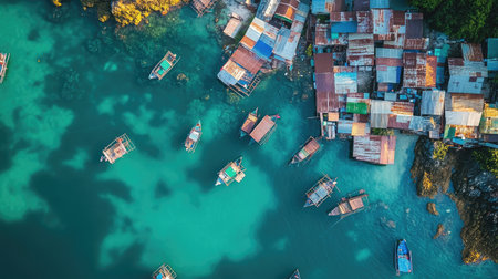 This captivating aerial photograph showcases a tranquil fishing village with colorful boats gently floating in stunning turquoise waters. Surrounded by lush greenery, this serene coastal scene captures the essence of seaside life and highlights the beauty of natural landscapes.の素材