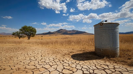 A striking dry landscape features a solitary metal tank standing amidst cracked earth, with distant mountains under a vivid blue sky filled with clouds, symbolizing aridity.の素材
