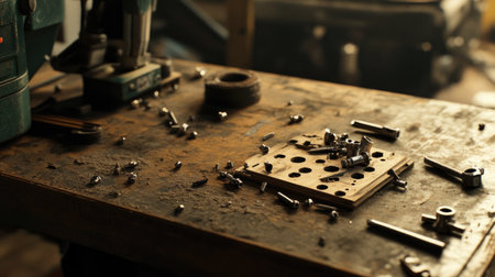 A detailed view of a cluttered workshop table showcasing various tools and metal components, capturing the essence of craftsmanship in a creative space.の素材