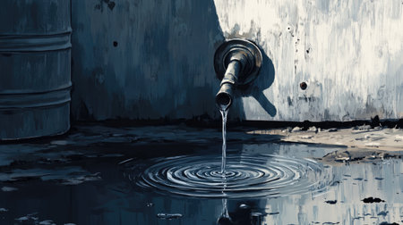 A detailed depiction of water dripping from a metal pipe, creating ripples in a puddle on an urban surface, evoking a sense of tranquility and calm.の素材