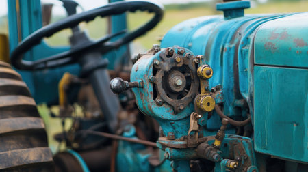 This image features a close-up view of a vintage blue tractor engine, showcasing intricate mechanical components against a natural backdrop, reflecting rustic charm.の素材