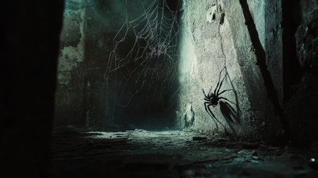 An unsettling scene showcasing a spider nestled in a dimly lit corner of an abandoned space, surrounded by a delicate web and shadowy textures.の素材