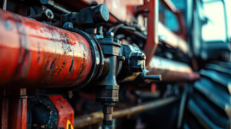 This close-up image showcases intricate details of farm machinery, highlighting hydraulic components and piping used in agriculture and machinery maintenance.の素材