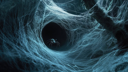Explore the depths of a dark, mysterious spider web interior featuring a solitary spider resting amidst intricate webbing, embodying nature's haunting beauty.の素材