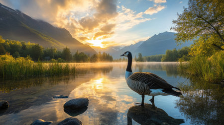 This stunning image captures a goose standing on a rock by a serene lake at sunrise, framed by majestic mountains and lush greenery, evoking tranquility.の素材