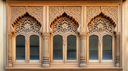 This stunning image showcases an intricately carved wooden window with elegant arches. The rich textures and detailed designs reflect traditional craftsmanship and architectural beauty.の素材