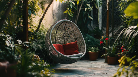 A beautifully woven hanging chair with red cushions invites relaxation in a lush garden filled with vibrant greenery. Perfect for outdoor leisure.の素材
