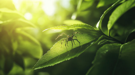 A stunning macro photograph capturing a spider perched on a bright green leaf, illuminated by soft sunlight. This image highlights the intricate details of nature and the beauty of the ecological environment. Perfect for nature enthusiasts and photographers alike.の素材