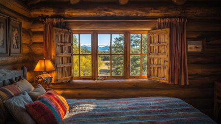 A cozy wooden cabin interior featuring a beautifully made bed, colorful blanket, and open windows that frame a stunning mountain view at sunset.の素材