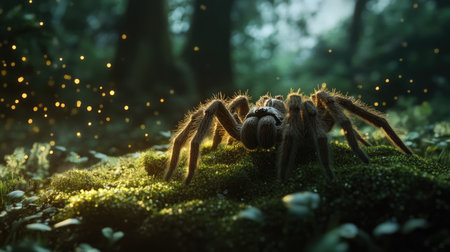 This striking image captures a spider moving gracefully across a bed of soft moss in a tranquil forest, illuminated by glowing particles, showcasing nature's beauty.の素材