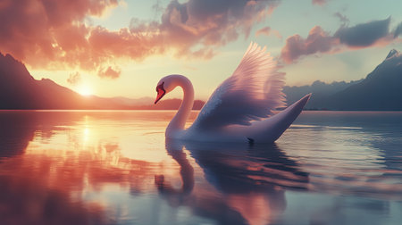 A beautiful white swan gracefully glides across a tranquil lake at sunset, with stunning mountain reflections creating a peaceful and serene atmosphere.の素材