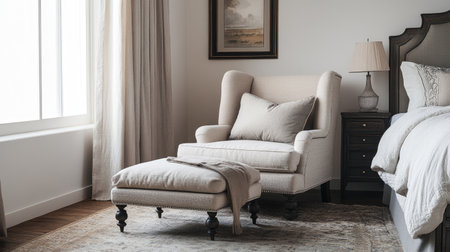A serene bedroom scene featuring a chic armchair with an ottoman, complemented by soft textiles, natural light, and elegant decor elements for comfort.の素材