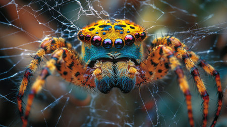A vividly colored spider rests in its delicate web, showcasing intricate patterns and striking details that highlight nature's fascinating artistry.の素材