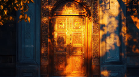 This image features a stunning ornately carved wooden door illuminated by warm golden light, showcasing intricate patterns and the soft shadows of surrounding leaves.の素材