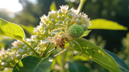 A striking close-up of a bright green spider perched on a flowering plant, showcasing nature's intricate details in a tranquil outdoor setting.の素材
