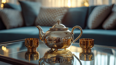 A beautifully designed silver teapot accompanied by elegant golden cups sits on a reflective table, creating a warm and inviting atmosphere in a stylish living room.の素材