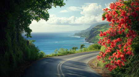 A picturesque view of a winding coastal road bordered by vibrant flowering plants, with a stunning ocean vista and distant hills under a sunny sky.の素材