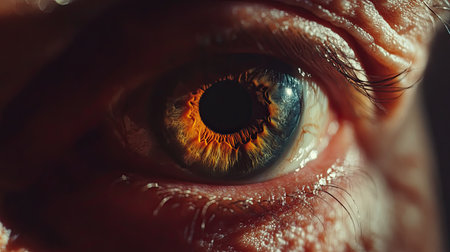 A stunning close-up image of a human eye showcasing vibrant colors and intricate patterns within the iris, reflecting light beautifully.の素材