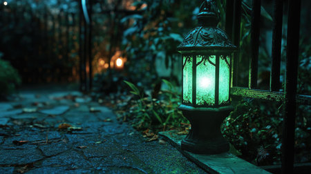 A captivating scene featuring a vintage lantern emitting a mysterious green glow along a serene garden pathway, evoking a magical atmosphere.の素材