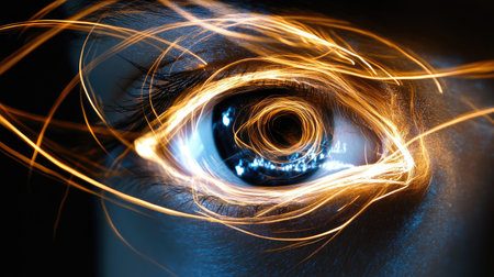 A stunning close-up of an eye enhanced with swirling light effects that symbolize creativity and technology, inviting viewers into a world of imagination.の素材