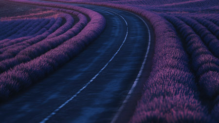 A tranquil scene showcasing a winding road surrounded by vibrant lavender fields under a twilight sky, offering a serene and picturesque atmosphere.の素材
