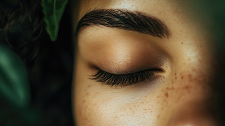 This close-up photograph captures a serene female eye with beautiful eyelashes and charming freckles, framed by lush green leaves in soothing natural lighting.の素材