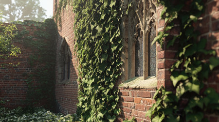 A vibrant illustration of ivy climbing a vintage brick wall, highlighting the interplay of sunlight and plant life on an iconic historic building.の素材