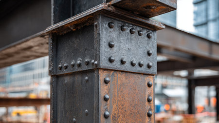 This close-up image captures a rusty metal beam adorned with rivets, showcasing the raw beauty of industrial construction in an urban environment.の素材