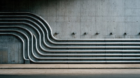 This image captures the sleek lines of metal pipes against a textured concrete wall, showcasing modern industrial design in an urban environment.の素材