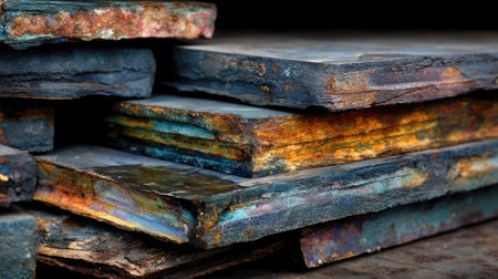 This image showcases a collection of stacked metal plates exhibiting vibrant colors and textures from natural rust and decay. Ideal for artistic projects.の素材