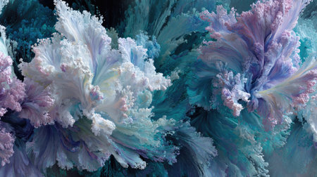 This image features ethereal abstract swirls of colorful fractal patterns, showcasing shades of blue, pink, and purple. The dynamic forms evoke feelings of dreams and creativity, making it ideal for artistic and imaginative projects.の素材