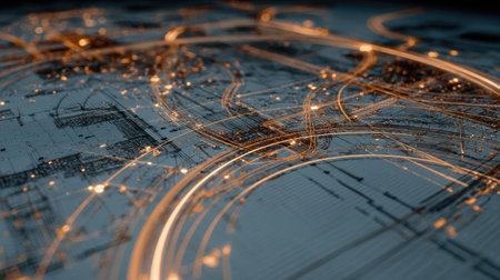 This captivating abstract image features glowing lines and circuit patterns on a dark surface, representing technology and digital connections. Perfect for projects emphasizing innovation and data visualization.の素材