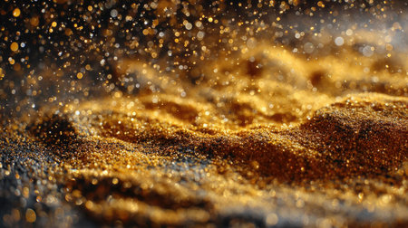This captivating close-up image showcases shimmering gold dust particles floating and creating an enchanting effect against a dark backdrop, ideal for artistic projects.の素材