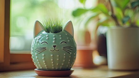 This charming ceramic cat planter features a playful design and greenery, bringing a touch of joy to any indoor space. Perfect for enhancing home decor.の素材