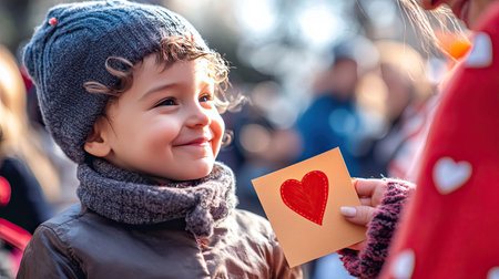A young child beams with joy while receiving a handmade heart card from a caregiver during a warm outdoor celebration, capturing a moment of pure happiness.の素材