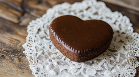 This heart-shaped chocolate cake is beautifully arranged on a delicate lace doily, offering a perfect touch for celebrations, romantic moments, or special events.の素材