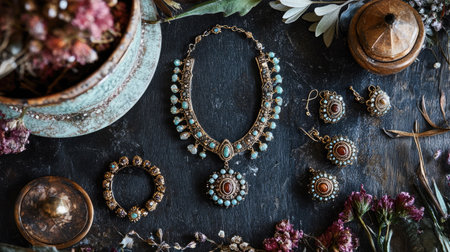 Stunning arrangement featuring an elegant necklace and matching earrings set adorned with turquoise stones, displayed on a dark surface with floral touches.の素材