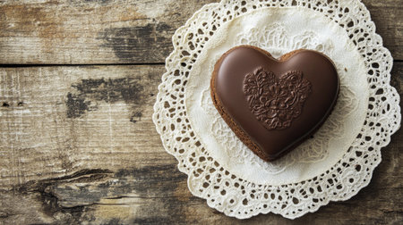This image showcases a beautifully crafted heart-shaped chocolate resting on a delicate lace doily, set against a rustic wooden backdrop. Perfect for conveying love and sweetness.の素材